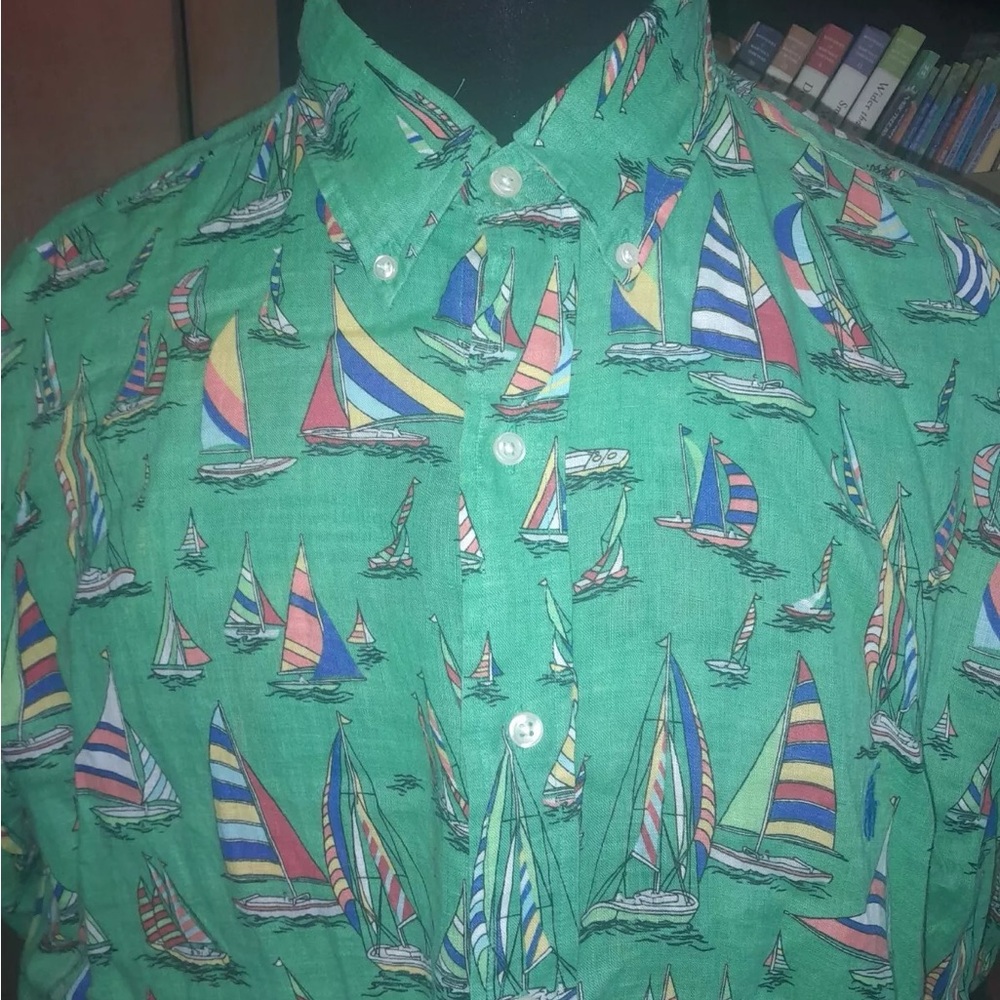Ralph Lauren Button Down Shirt Mens XLT Green Linen Sailboat Short Sleeve NWOT